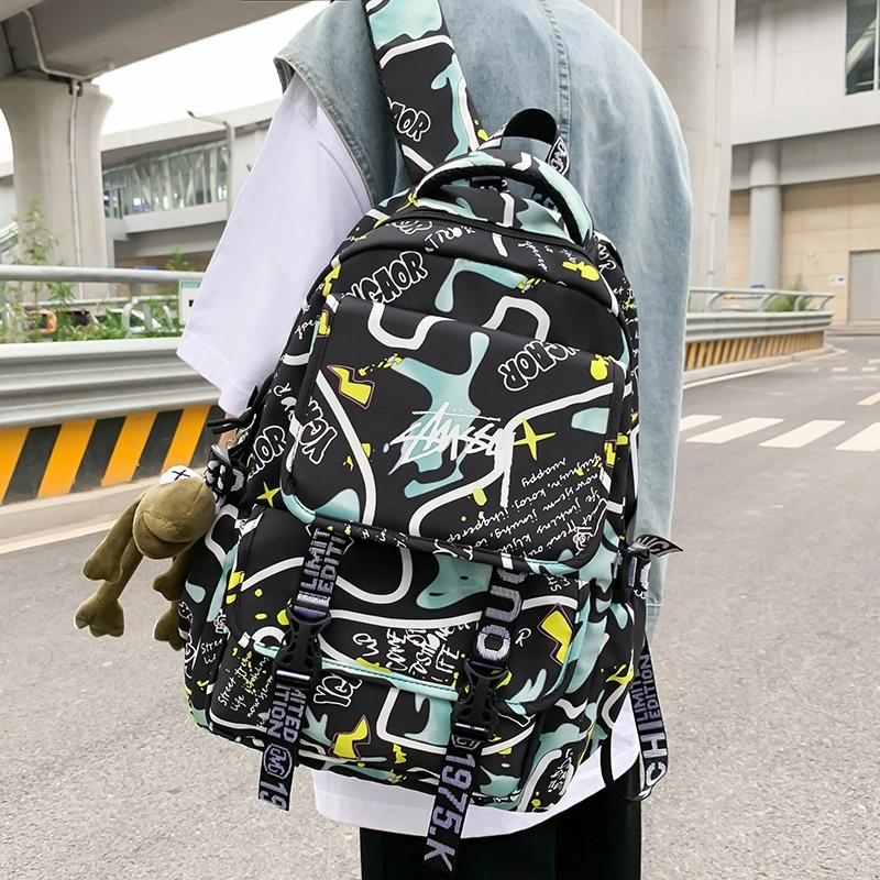 德力熊 印花轻便大容量 尼龙 书包背包双肩包 大号 男女同款情侣款 黑色/白色