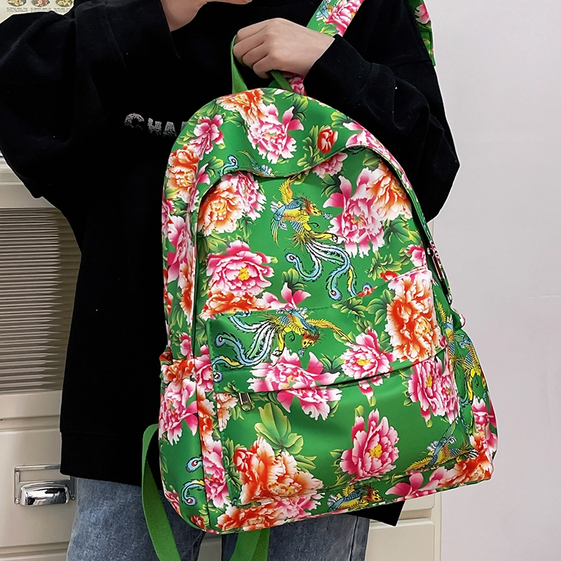 德力熊 东北大花高中生大学生书包大容量旅行拉链开合 尼龙 书包背包双肩包 常规 女款 红色/绿色/黑色