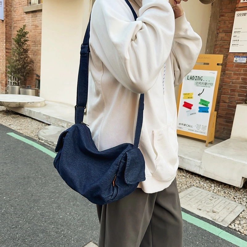 德力熊 百搭休闲学生时尚原宿拉链开合 牛仔布 单肩包 常规 男女同款情侣款 深蓝/浅蓝