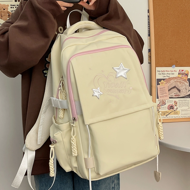 德力熊 初中生高颜值大容量小众设计感森系百搭大学生 尼龙 书包背包双肩包 常规 女款 粉/白/黑/黄/绿