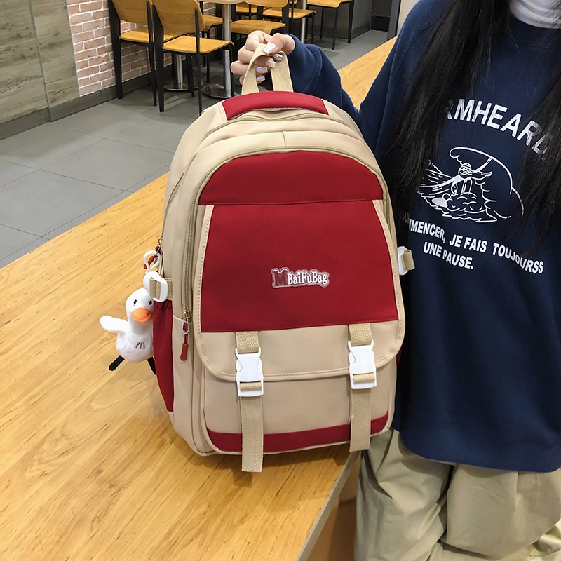 德力熊 带挂件休闲大容量简约百搭轻便拉链开合 尼龙 书包背包双肩包 常规 女款 黑色/红色/卡其色/蓝色