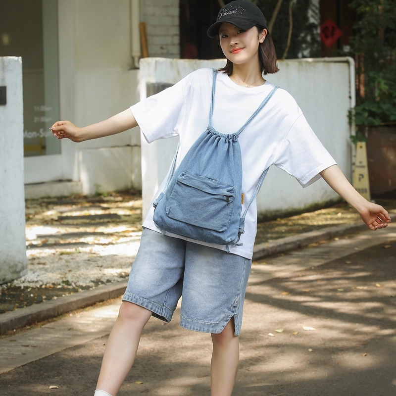德力熊  牛仔布男女通用双色休闲时尚牛仔双肩包大容量通勤背包简约旅行背包