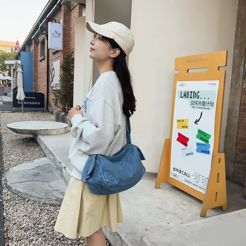 德力熊 百搭休闲学生时尚原宿拉链开合 牛仔布 单肩包 常规 男女同款情侣款 深蓝/浅蓝