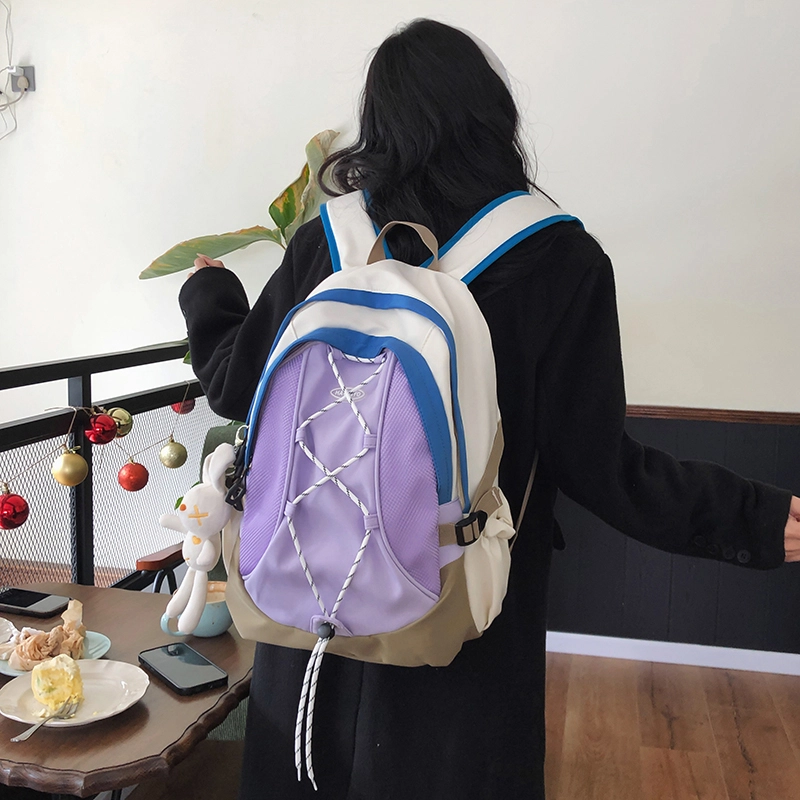 德力熊 大容量三色可选简约潮流时尚潮酷拼色百搭 尼龙 书包背包双肩包 常规 男女同款情侣款 黑色/白色/紫色
