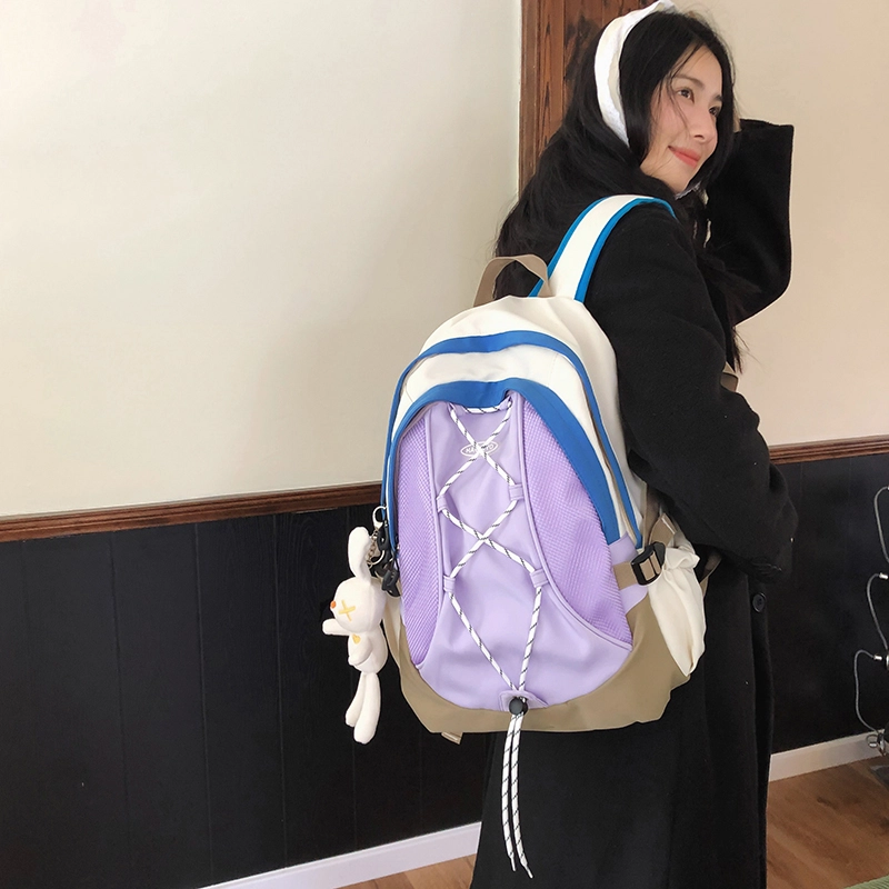 德力熊 大容量三色可选简约潮流时尚潮酷拼色百搭 尼龙 书包背包双肩包 常规 男女同款情侣款 黑色/白色/紫色