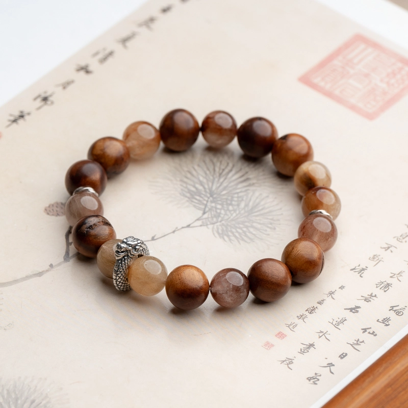 仙源 龙形平安扣 招财个性复古新中式文玩念珠多圈 平安福手链节日生日送礼盒物 檀木 木作手串 男女同款情侣款