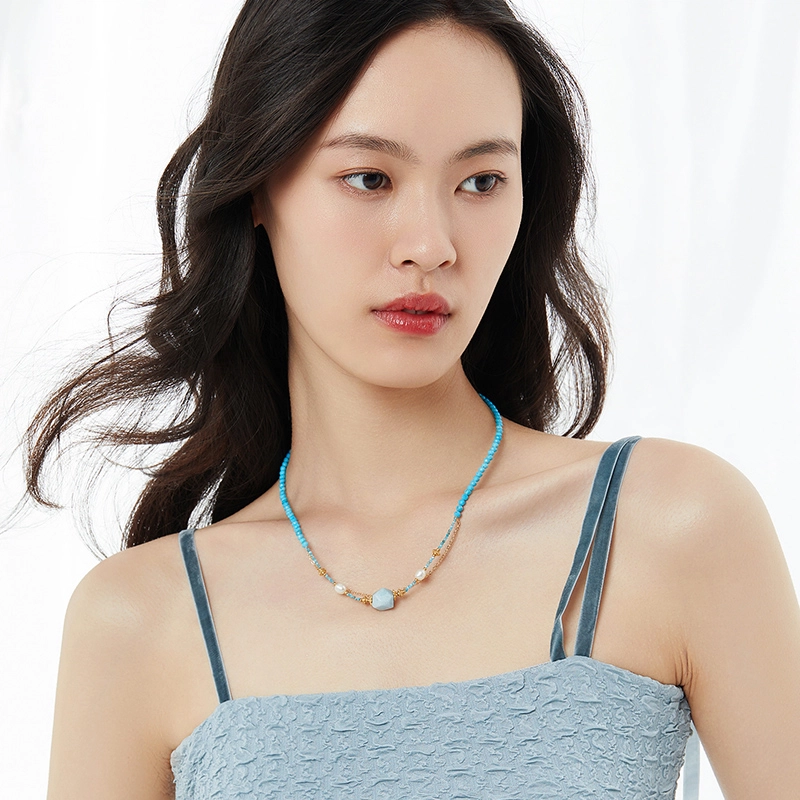 六珍堂 蓝色松石叠戴项链女款复古中国风巴洛克珍珠锁骨链
