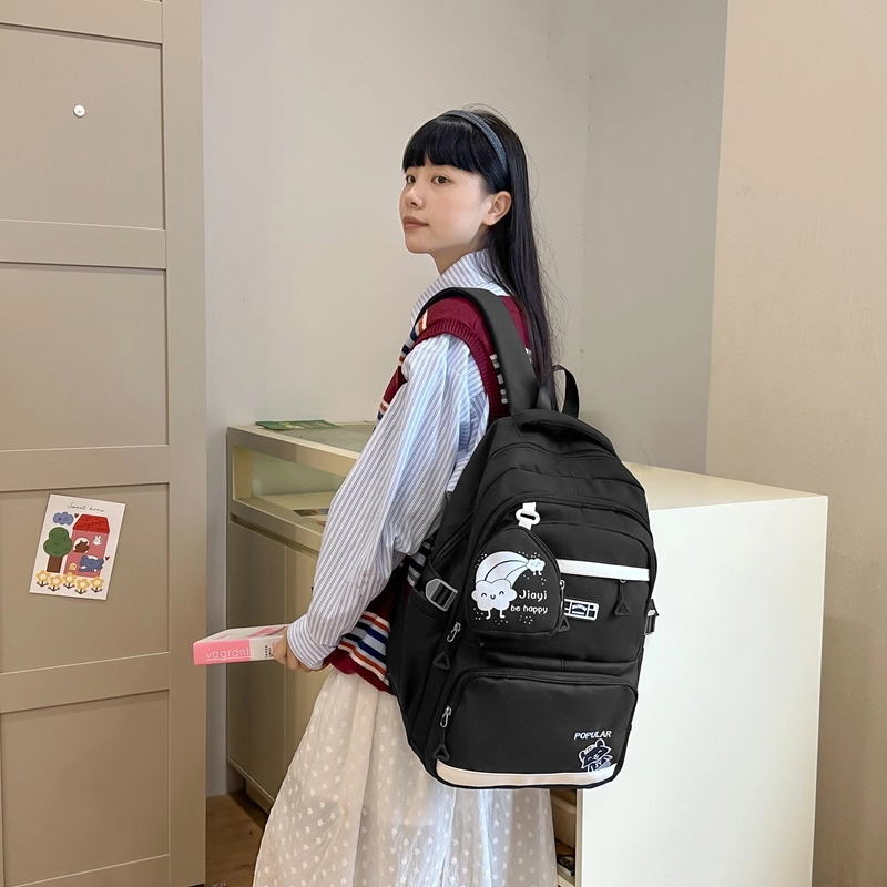 泰克森 纯色简约刺绣字母休闲拼接 尼龙 双肩包 常规 男女同款情侣款 黑色/蓝色/粉色/绿色/紫色
