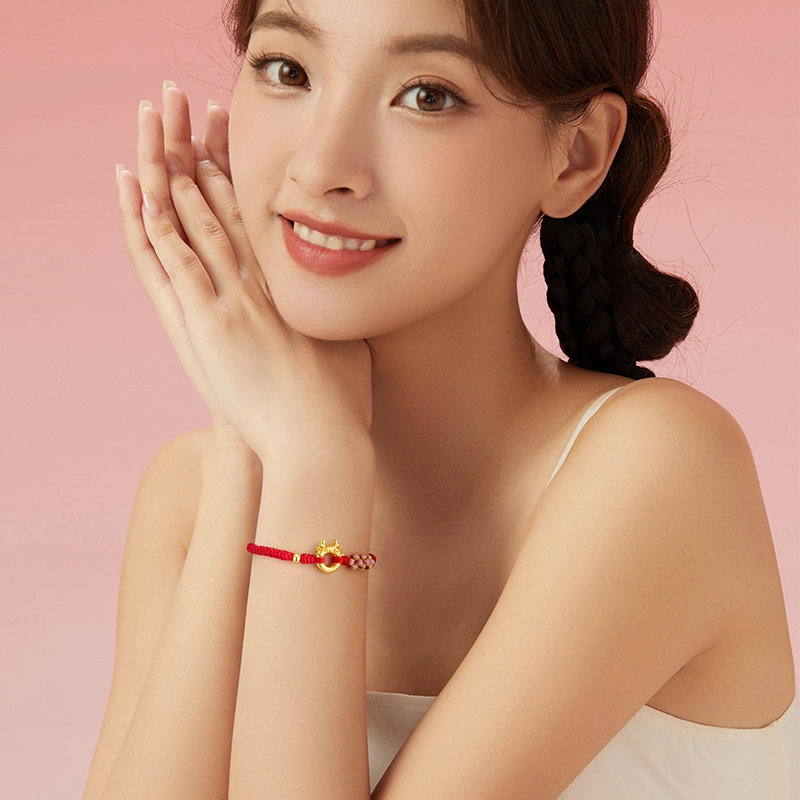 中国黄金 央创时尚 平安扣萌龙 新中式 小众设计感本命年手工编绳 玛瑙 手链 女款 礼盒