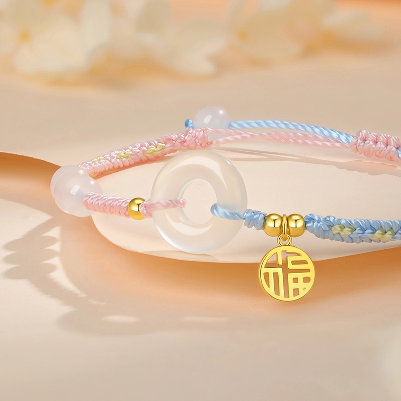 中国黄金 央创时尚 同心结手绳 平安扣 国潮新中式 小众简约设计 百搭 玉髓 手链 女款 礼物礼盒