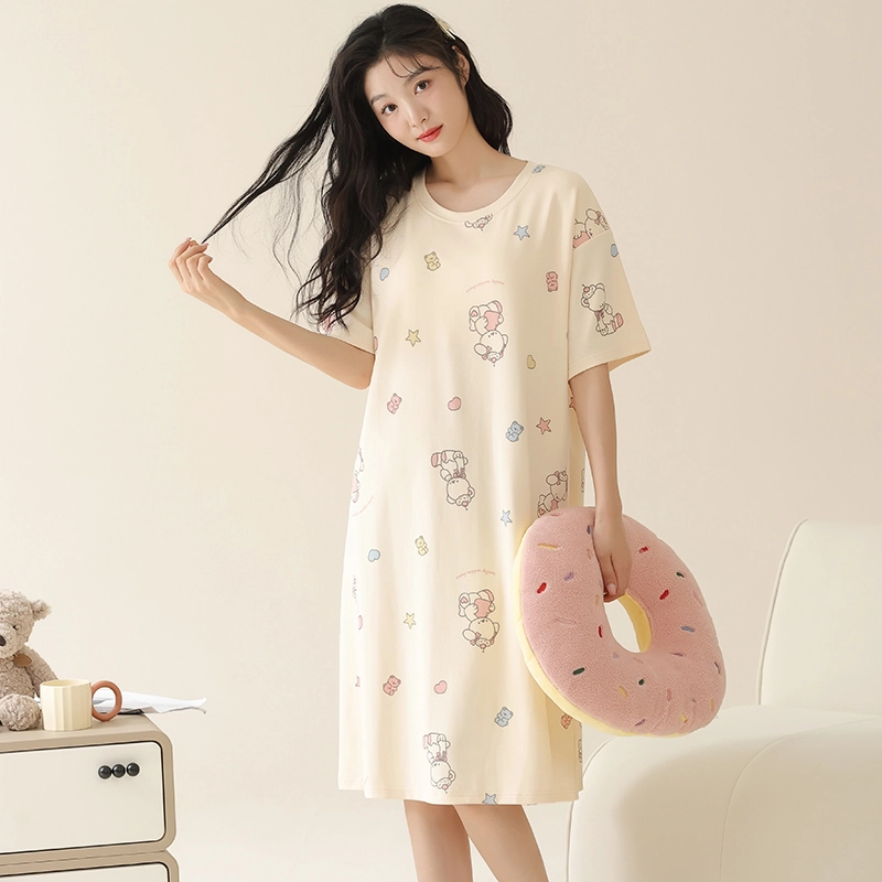 顶瓜瓜 卡通印花套头短袖睡裙 女款 杏色