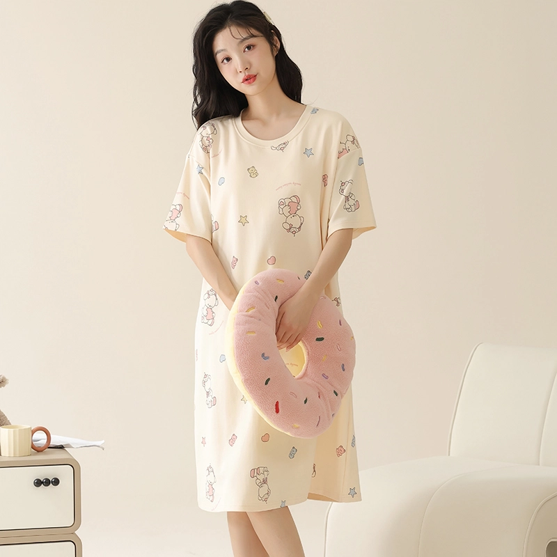 顶瓜瓜 卡通印花套头短袖睡裙 女款 杏色