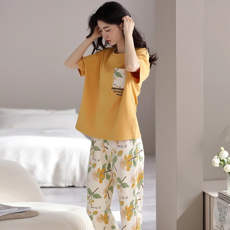 顶瓜瓜 纯棉宽松家居服短袖长裤休闲可外穿大码宽松睡衣套装 女款 图片色