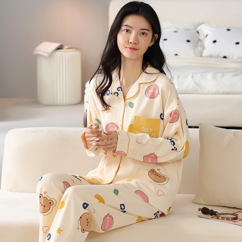 顶瓜瓜 纯棉卡通动漫印花翻领长袖长裤可外穿家居睡衣套装 女款 杏色