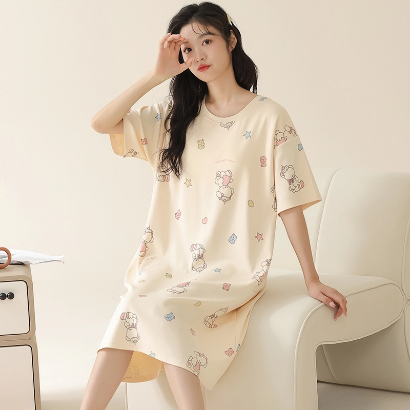 顶瓜瓜 卡通印花套头短袖睡裙 女款 杏色