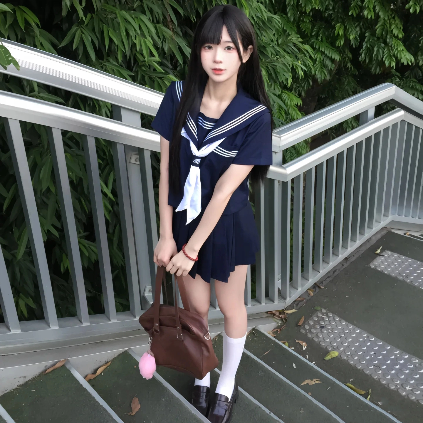 美丽衣橱 日系学院风海军领长袖衬衫纯色褶饰休闲短裙裙装套装 女款 藏蓝色