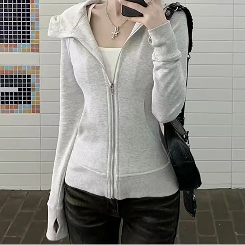 美丽衣橱 美式复古修身外套显瘦纯欲风辣妹连帽瑜伽服卫衣 女款 灰色
