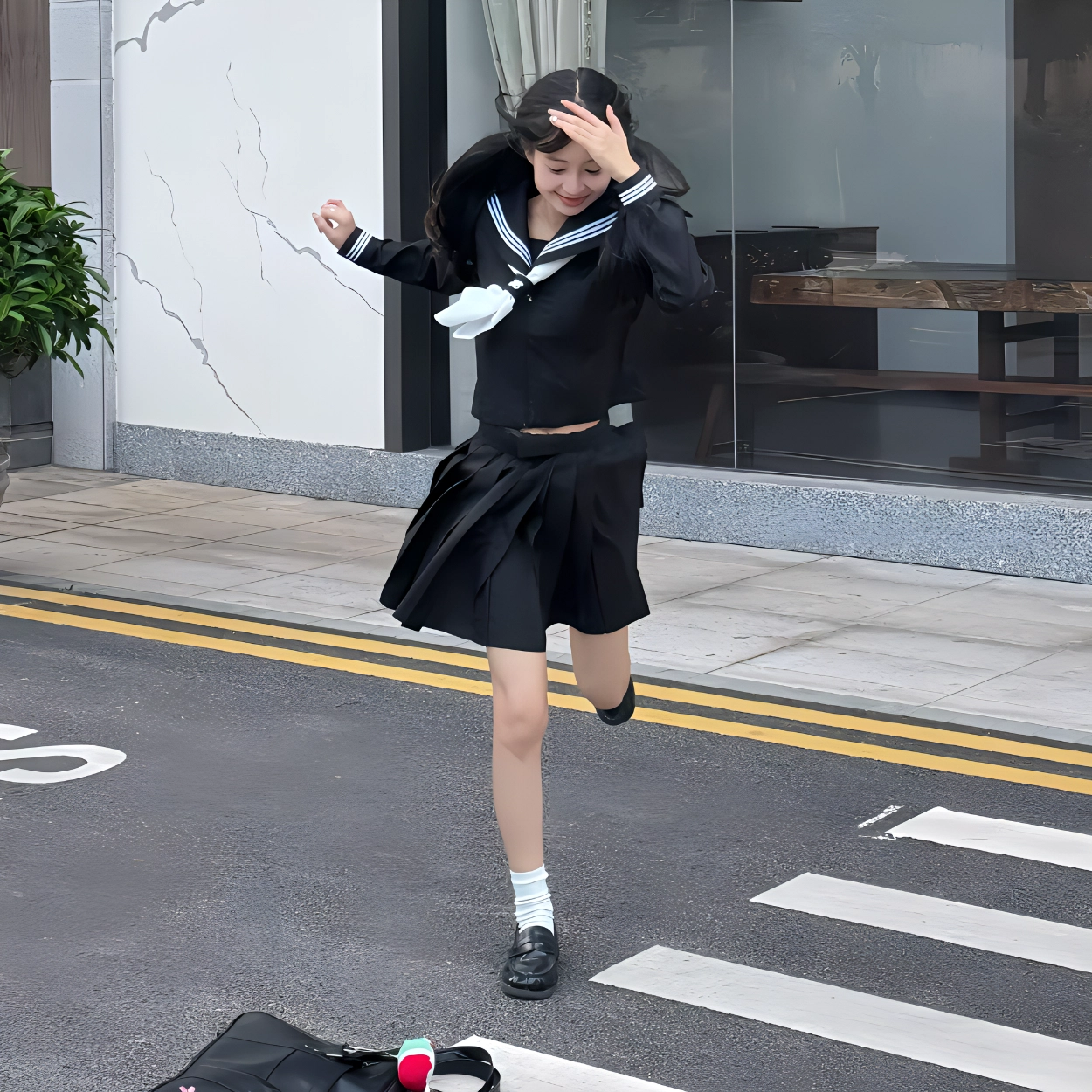 美丽衣橱 日系学院风海军领长袖衬衫纯色褶饰休闲短裙裙装套装 女款 藏蓝色