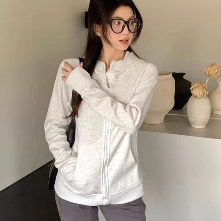 美丽衣橱 美式复古修身外套显瘦纯欲风辣妹连帽瑜伽服卫衣 女款 灰色