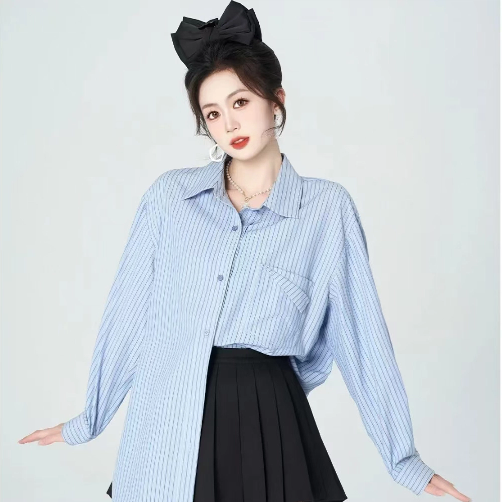 美丽衣橱 时尚设计感小众条纹通勤长袖衬衫 女款 蓝色