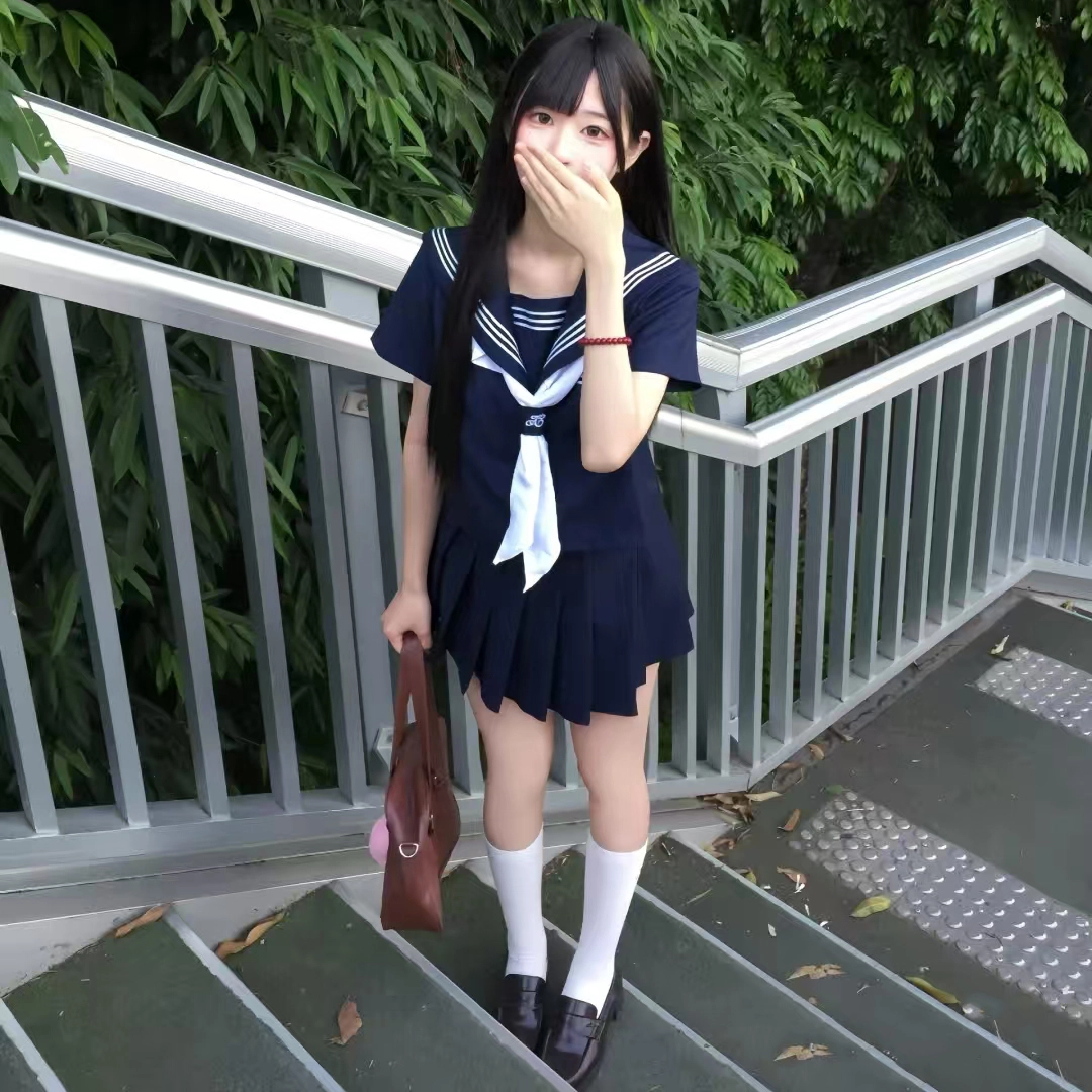 美丽衣橱 日系学院风海军领长袖衬衫纯色褶饰休闲短裙裙装套装 女款 藏蓝色