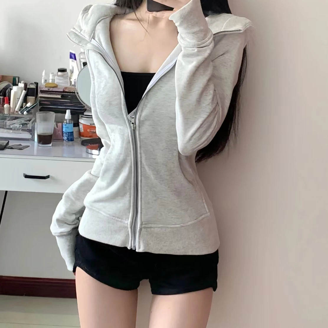 美丽衣橱 美式复古修身外套显瘦纯欲风辣妹连帽瑜伽服卫衣 女款 灰色