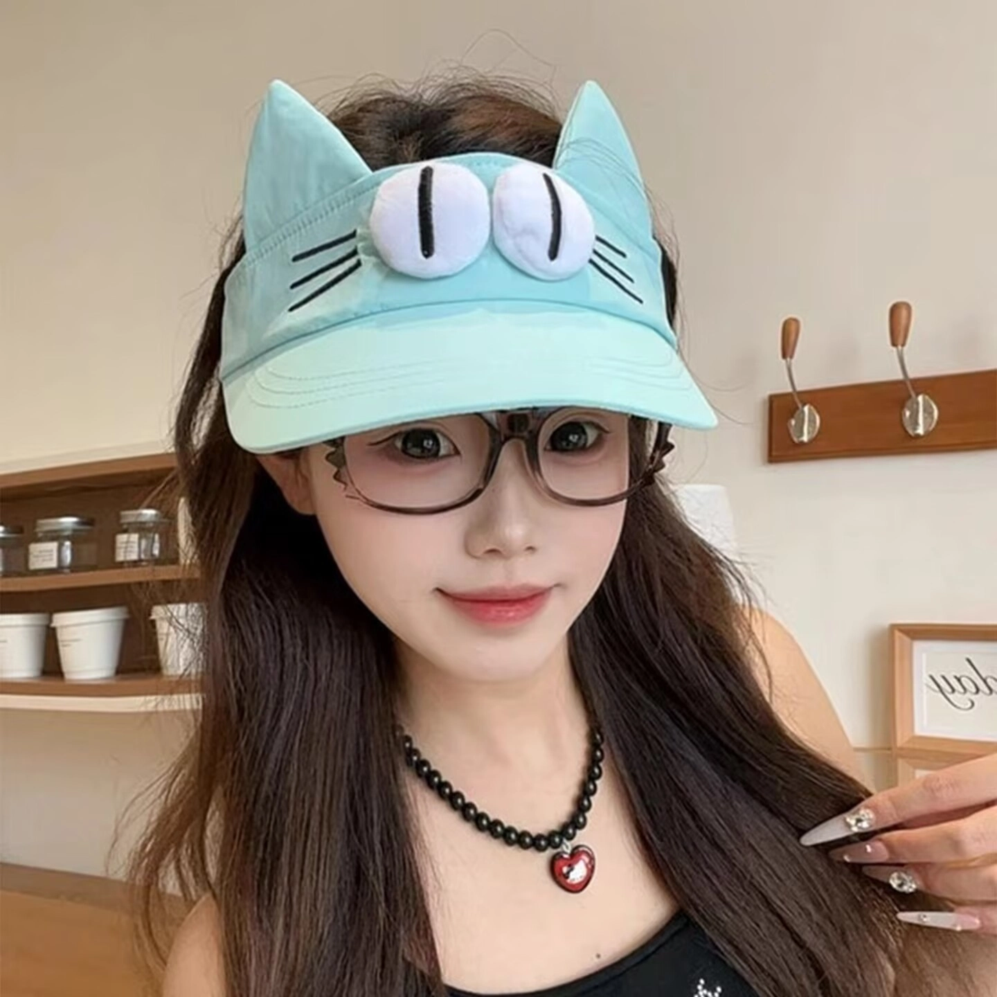 祎步康 搞怪个性大眼睛猫咪帽时尚软檐帽出游遮阳帽 涤纶 鸭舌帽 女款
