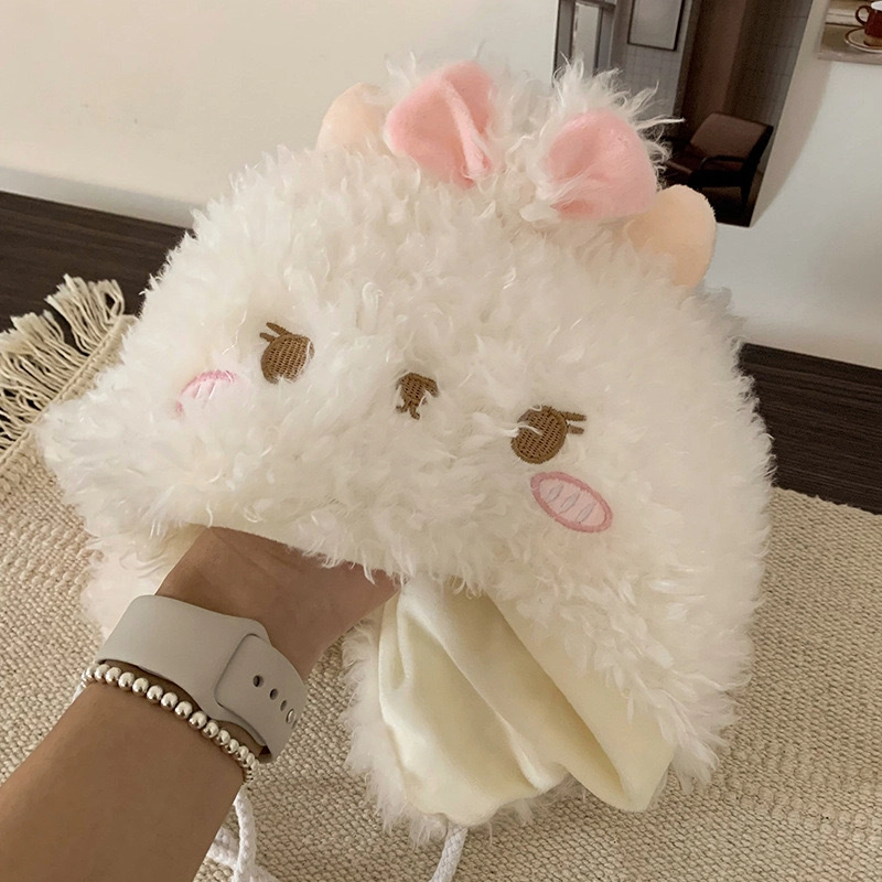 祎步康 新款可爱腮红小羊帽子秋冬韩版甜美帽显脸小保暖毛茸茸护耳帽 聚酯纤维 绒线帽 男女同款情侣款
