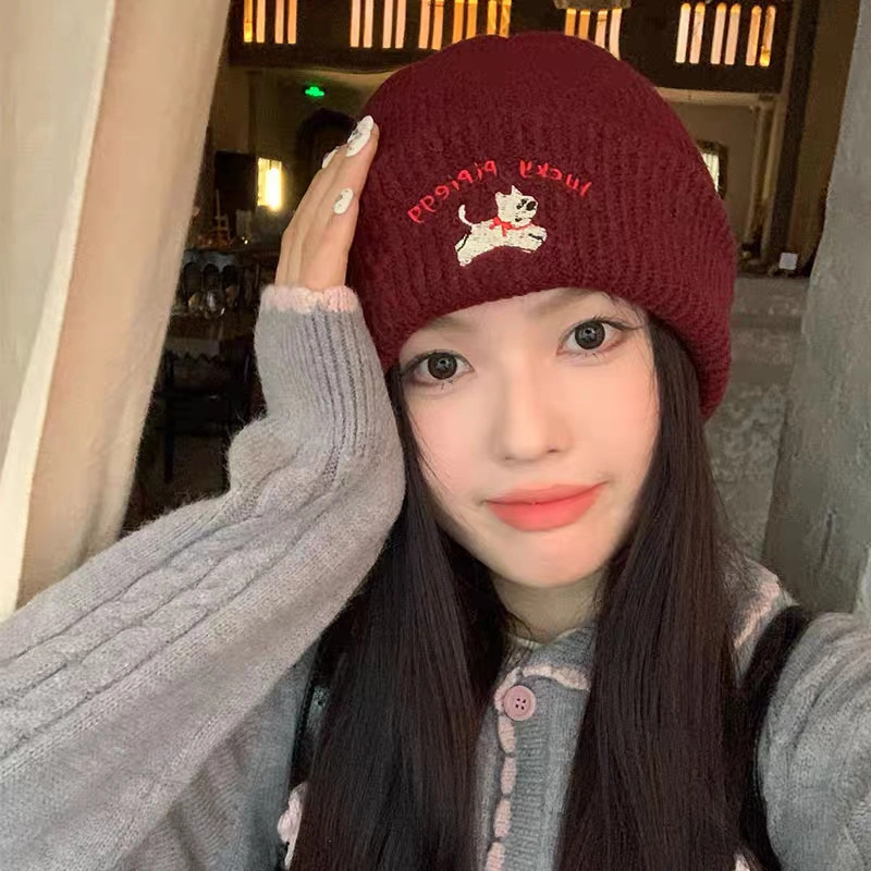 祎步康 韩系小狗针织毛线帽秋冬季柔软时尚百搭显脸小保暖 腈纶 帽子 男女同款情侣款