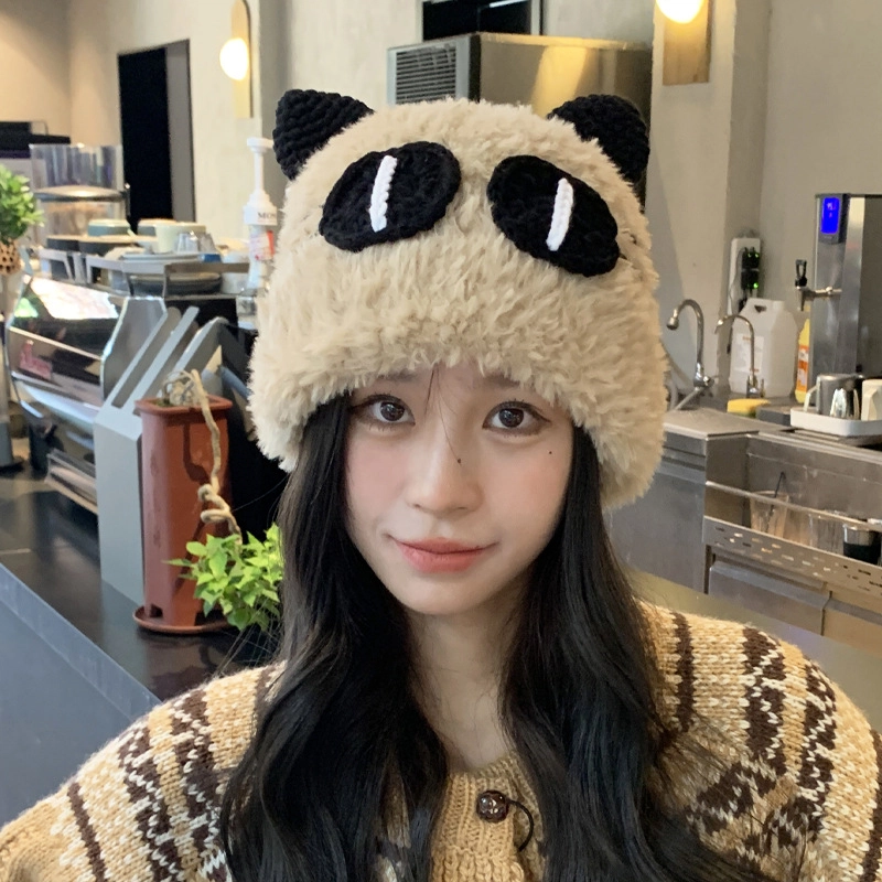 祎步康 秋冬季猫咪大眼毛绒质感加厚保暖大头围百搭 聚酯纤维 绒线帽 男女同款情侣款