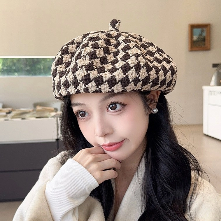祎步康 时尚英伦针织格子 棉涤 贝雷帽 女款