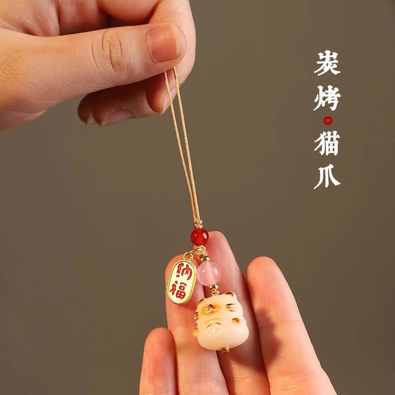 祎步康 根炭烧猫爪招财猫好运连连国风可爱 树脂 挂件 男女同款情侣款
