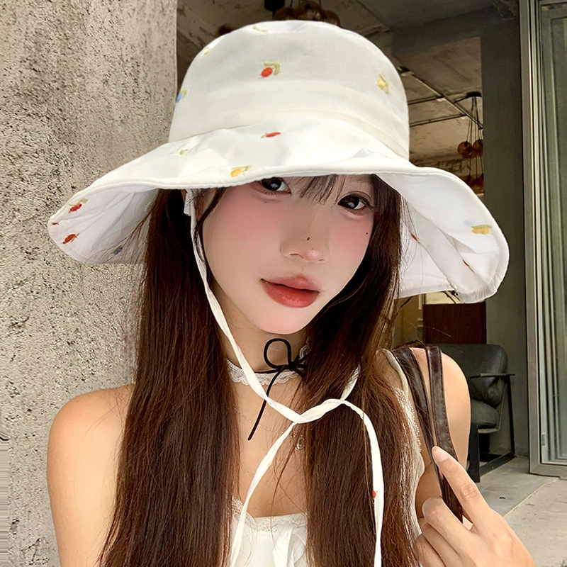 祎步康 甜美绑带白色大帽檐透气可折叠防晒帽子遮阳盆帽 棉涤 渔夫帽 女款