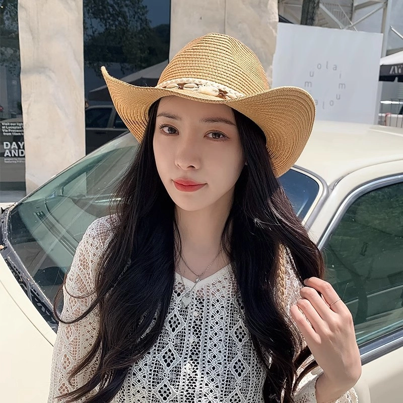 祎步康 民族风草帽牛仔帽子女夏天出游 纺纸草 大檐户外旅游防晒帽 女款