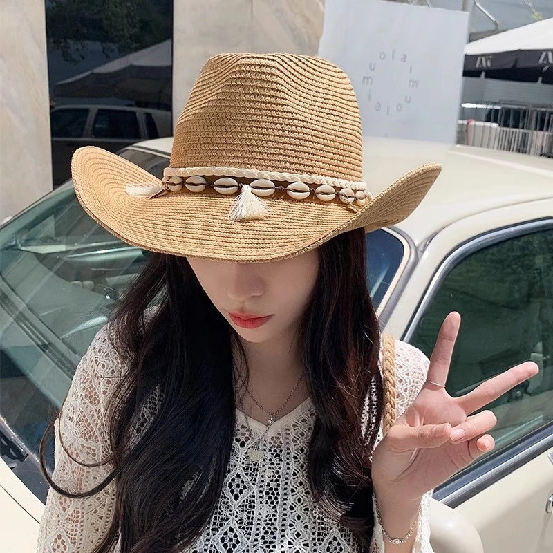 祎步康 民族风草帽牛仔帽子女夏天出游 纺纸草 大檐户外旅游防晒帽 女款
