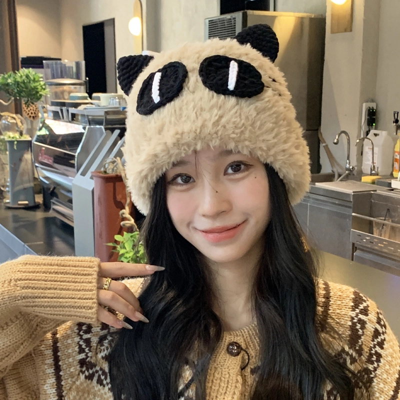 祎步康 秋冬季猫咪大眼毛绒质感加厚保暖大头围百搭 聚酯纤维 绒线帽 男女同款情侣款
