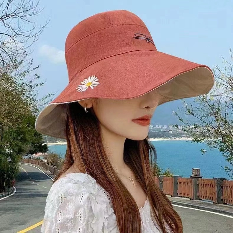 祎步康 夏季双面小雏菊韩版大帽檐太阳帽户外防晒帽遮阳帽 涤纶 渔夫帽 女款