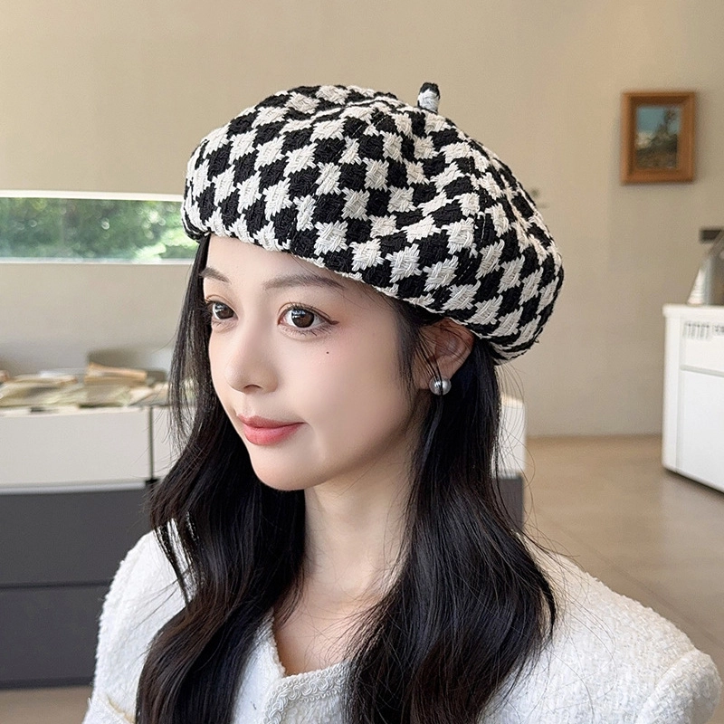祎步康 时尚英伦针织格子 棉涤 贝雷帽 女款