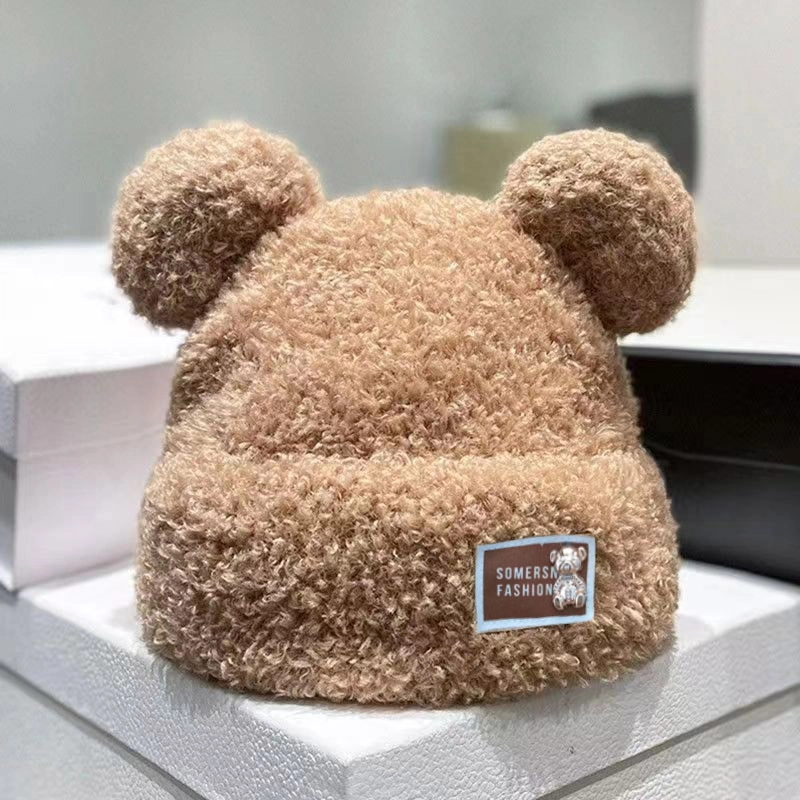 祎步康 冬季毛茸茸小熊针织帽 加厚保暖护耳可爱毛绒套头帽 聚酯纤维 绒线帽 女款