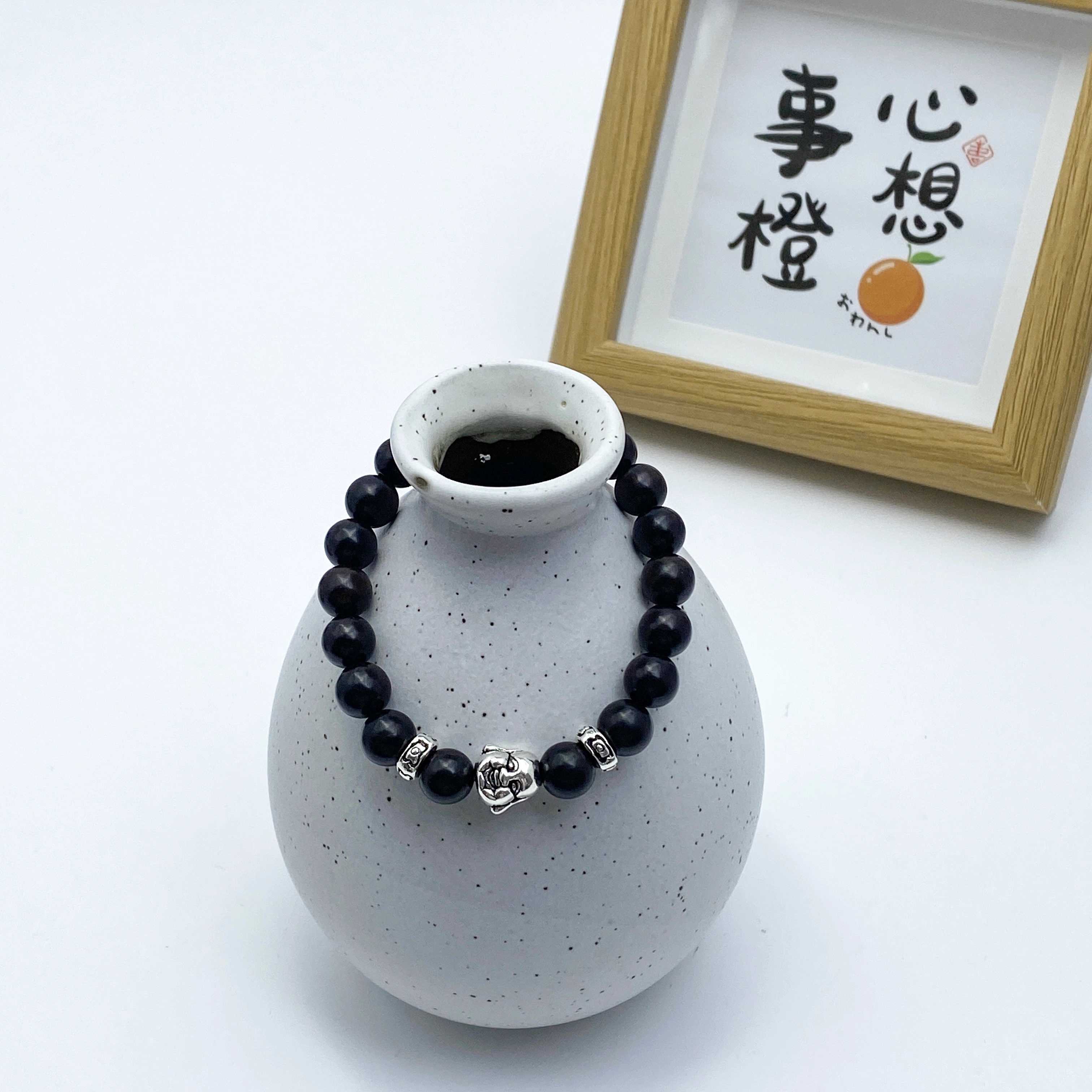 弘浪 国潮新中式本命年招财纳福财源广进平安佛头海豚小众高级简约百搭佛珠念珠 黑檀 手串 男女同款情侣款