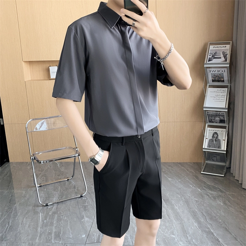 寻星记 美式韩版冰丝男士夏季高级感抗皱免烫商务休闲短袖衬衣衬衫 男女同款