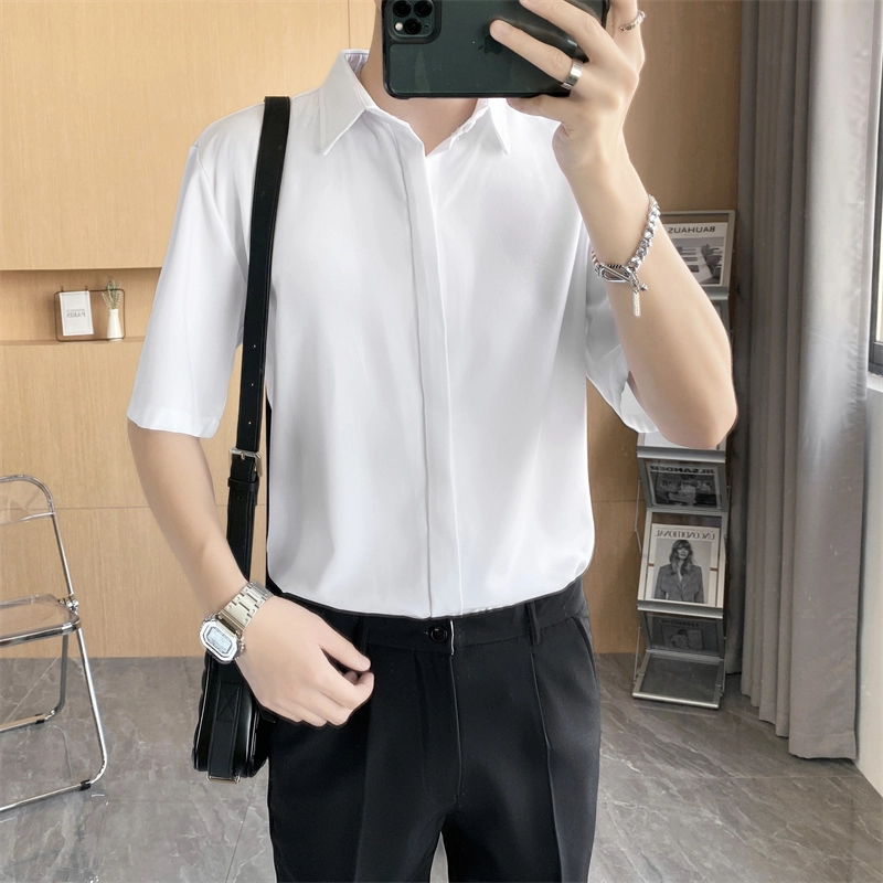 寻星记 美式韩版冰丝男士夏季高级感抗皱免烫商务休闲短袖衬衣衬衫 男女同款
