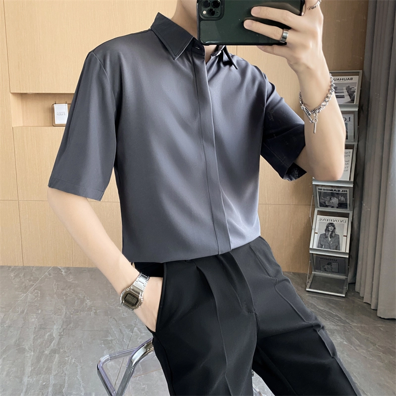 寻星记 美式韩版冰丝男士夏季高级感抗皱免烫商务休闲短袖衬衣衬衫 男女同款