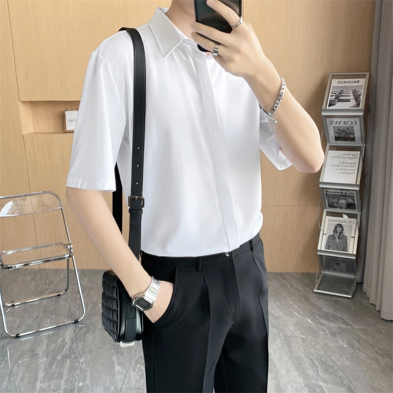 寻星记 美式韩版冰丝男士夏季高级感抗皱免烫商务休闲短袖衬衣衬衫 男女同款