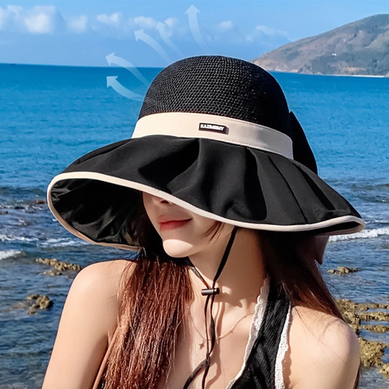 优幽兰 时尚百搭简约大头围显脸小黑胶防紫外线旅行高颜值甜美小清新大帽檐 聚酯纤维 沙滩帽遮阳帽渔夫帽 女款