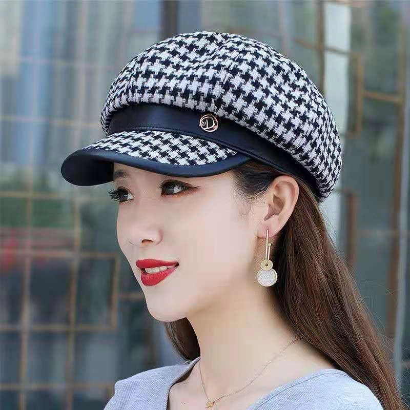 优幽兰 秋冬季百搭时尚韩版显脸小报童帽千鸟格图案英伦风防风防寒加厚保暖高级感韩系穿搭 贝雷帽 女款