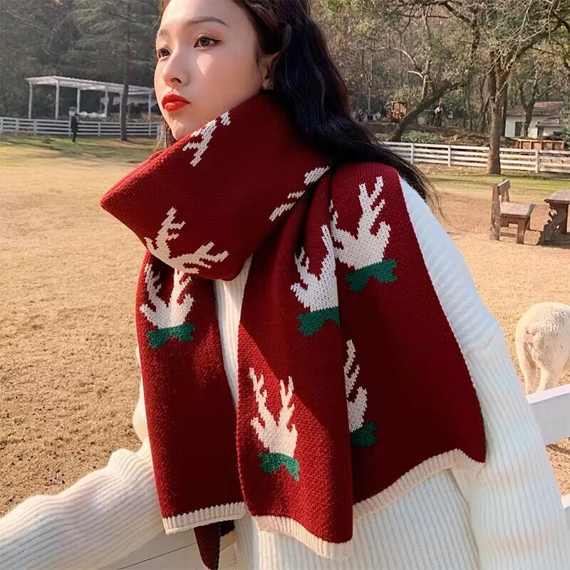 优幽兰 百搭时尚经典款加厚防风防寒保暖护脖鹿角红色氛围感 绒线围巾 女款 礼盒装