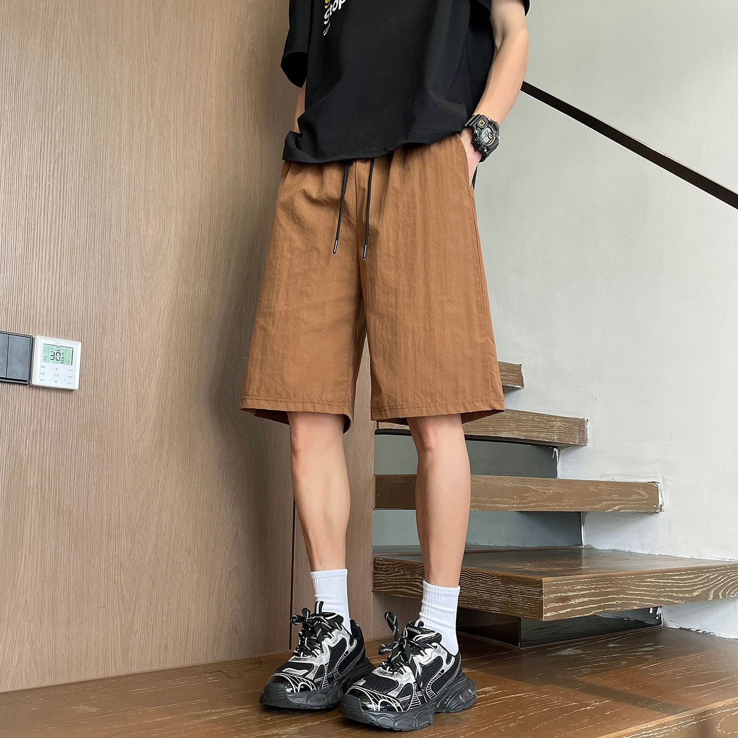 加菲猫家族 简约纯色宽松舒适透气百搭直筒松紧系带中腰夏季跑步运动健身薄款透气中性风青春活力五分休闲短裤 男女同款