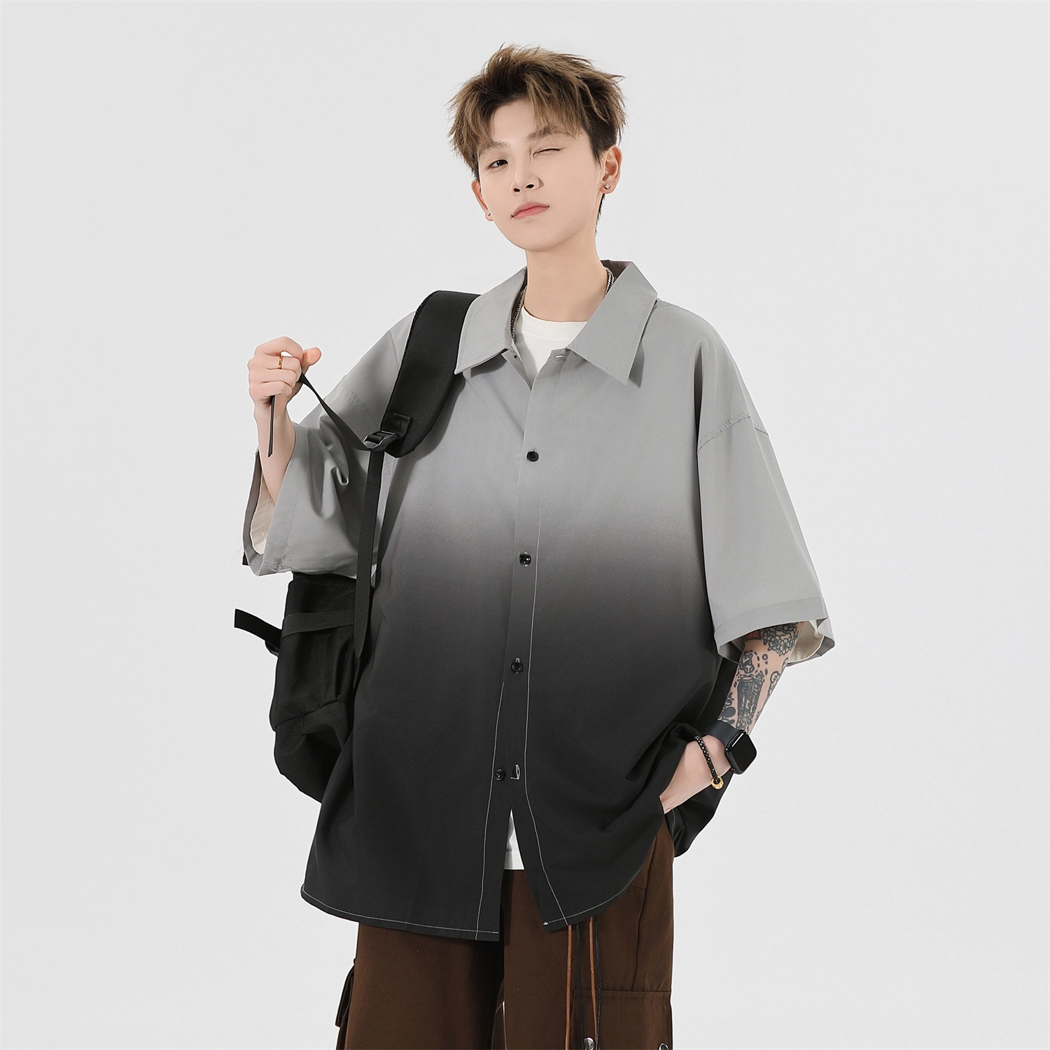 加菲猫家族 美式潮流百搭休闲渐变宽松短袖衬衫 男女同款