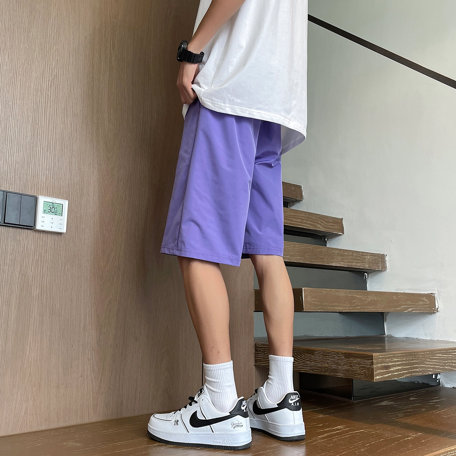 加菲猫家族 简约纯色宽松舒适透气百搭直筒松紧系带中腰夏季跑步运动健身薄款透气中性风青春活力五分休闲短裤 男女同款